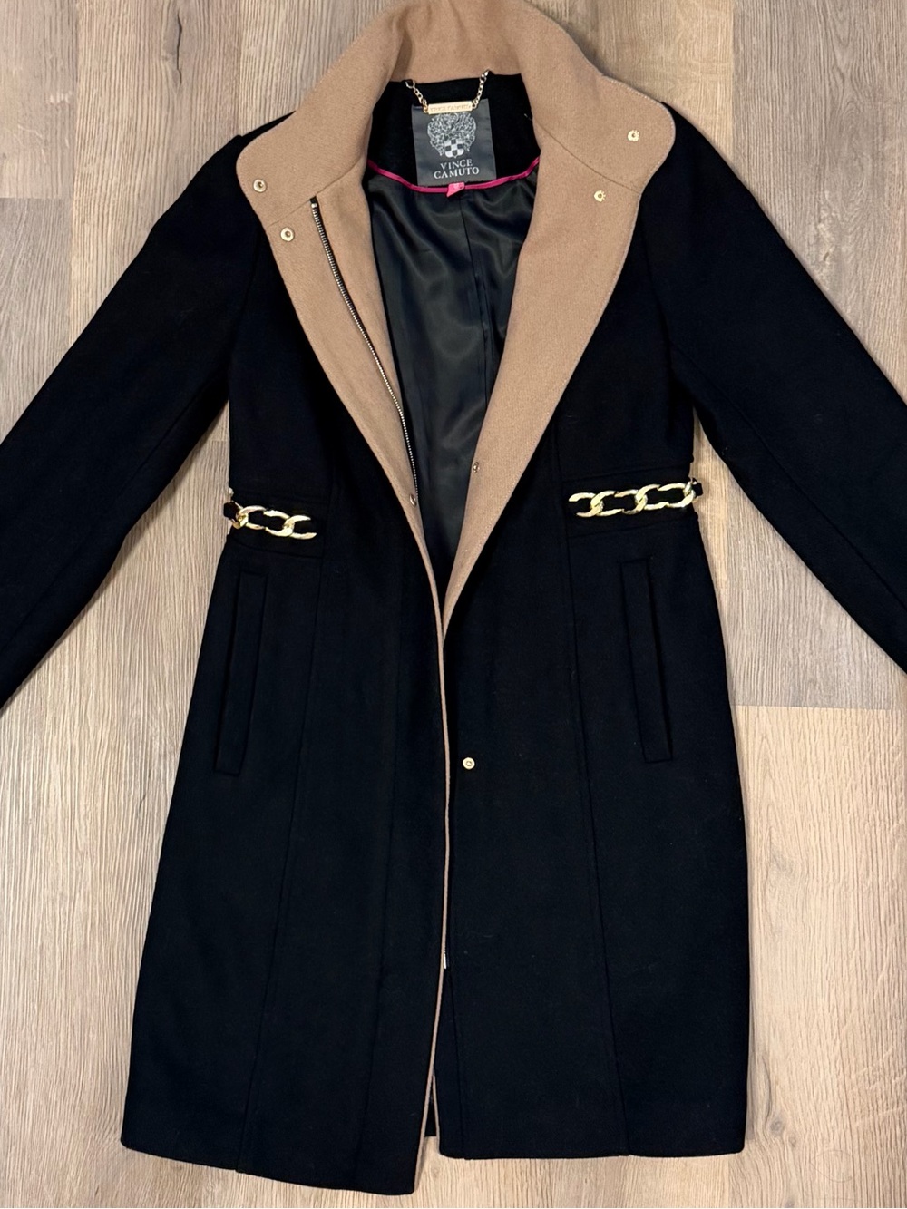Vince Camuto Wool Blend Coat Black Camel Gold Chain Trim XS